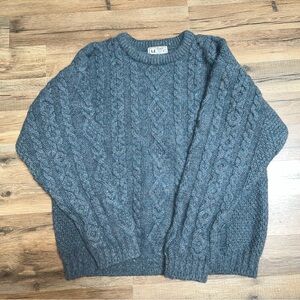 LL Bean blue-gray 100% wool vintage cable knit fisherman sweater